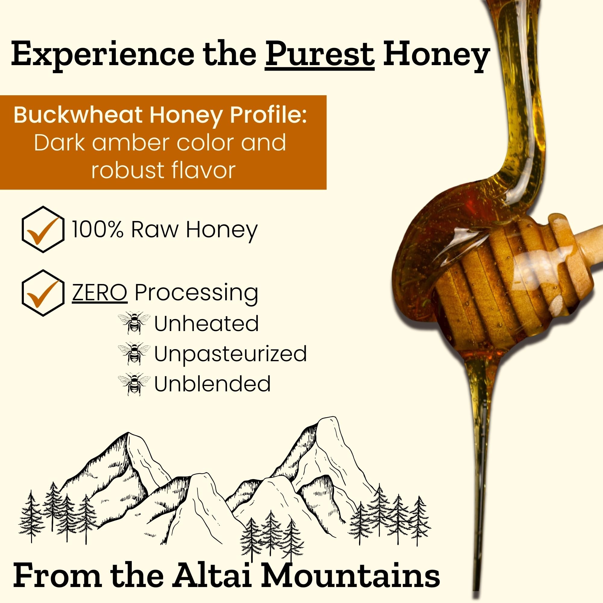 Altay Meadows honey dripping from spoon illustrating thick pourable texture and flavor concentration
