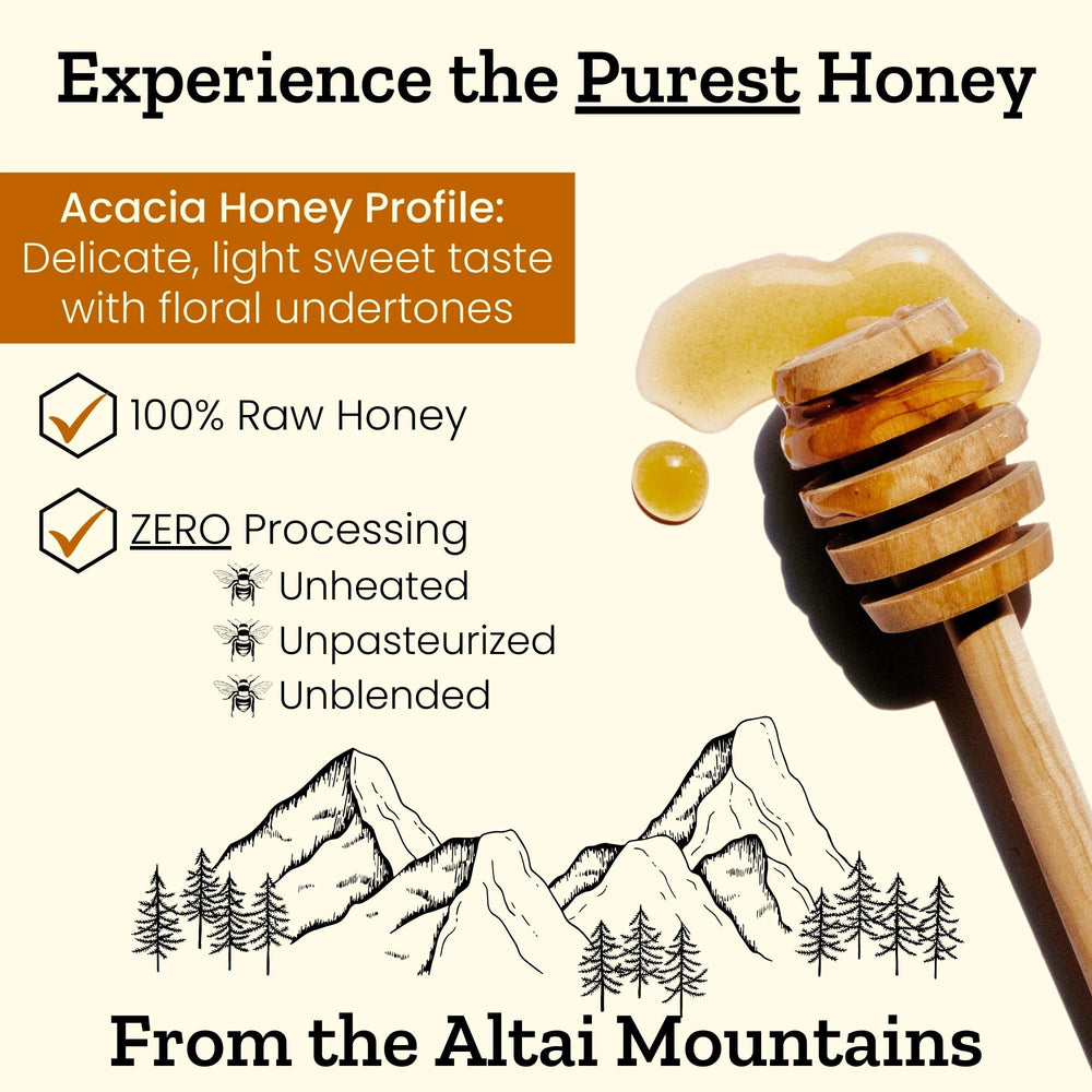 Altay Meadows jar with spoon dripping honey highlighting easy pouring