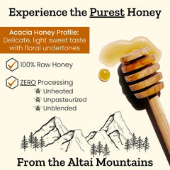 Altay Meadows jar with spoon dripping honey highlighting easy pouring