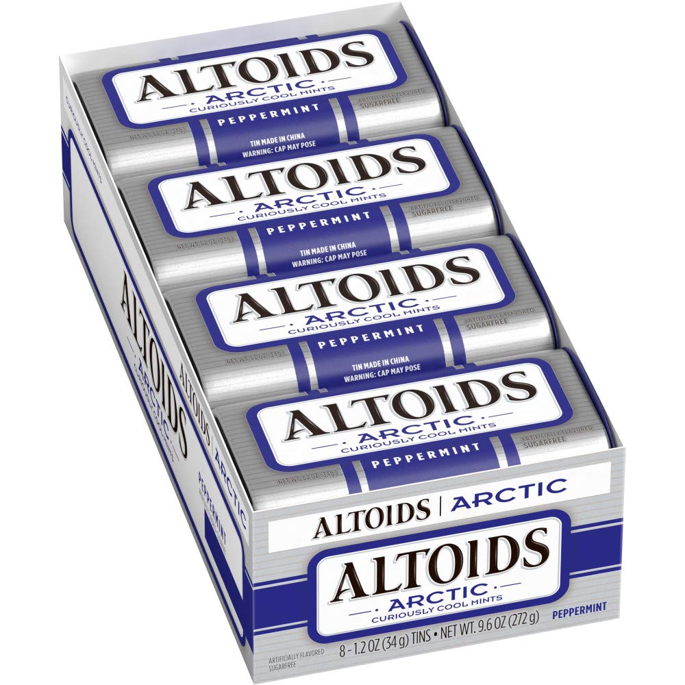 Altoids front tin showing Arctic Peppermint branding and portable design benefit