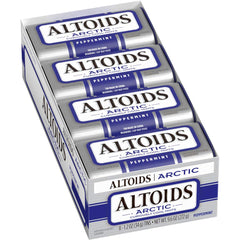 Altoids front tin showing Arctic Peppermint branding and portable design benefit