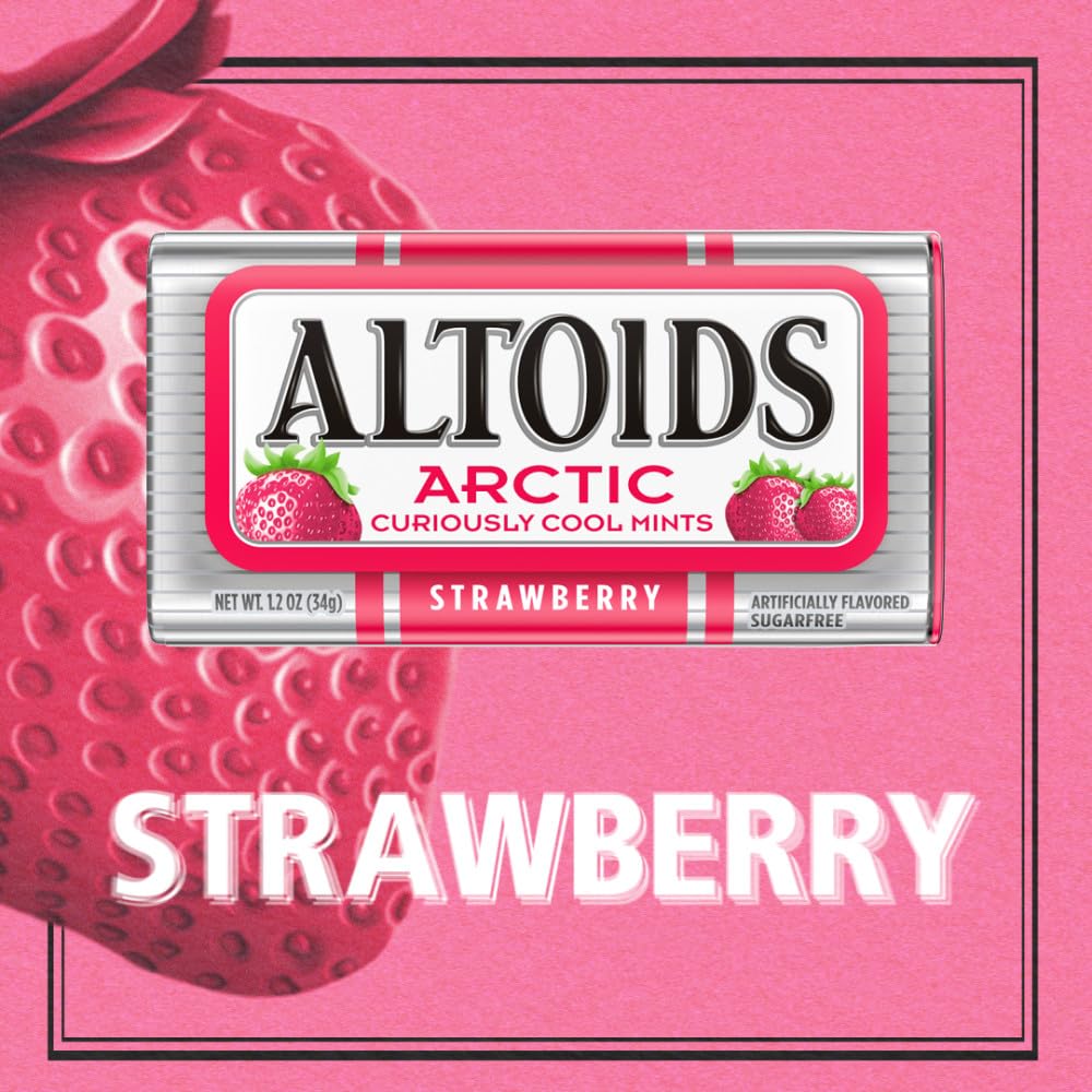 Open Altoids tin revealing strawberry mints and easy grab convenience