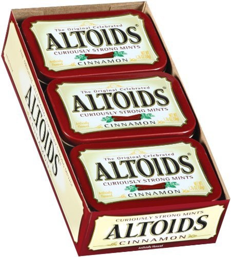 Altoids cinnamon front tin showing brand and compact metal case for portability