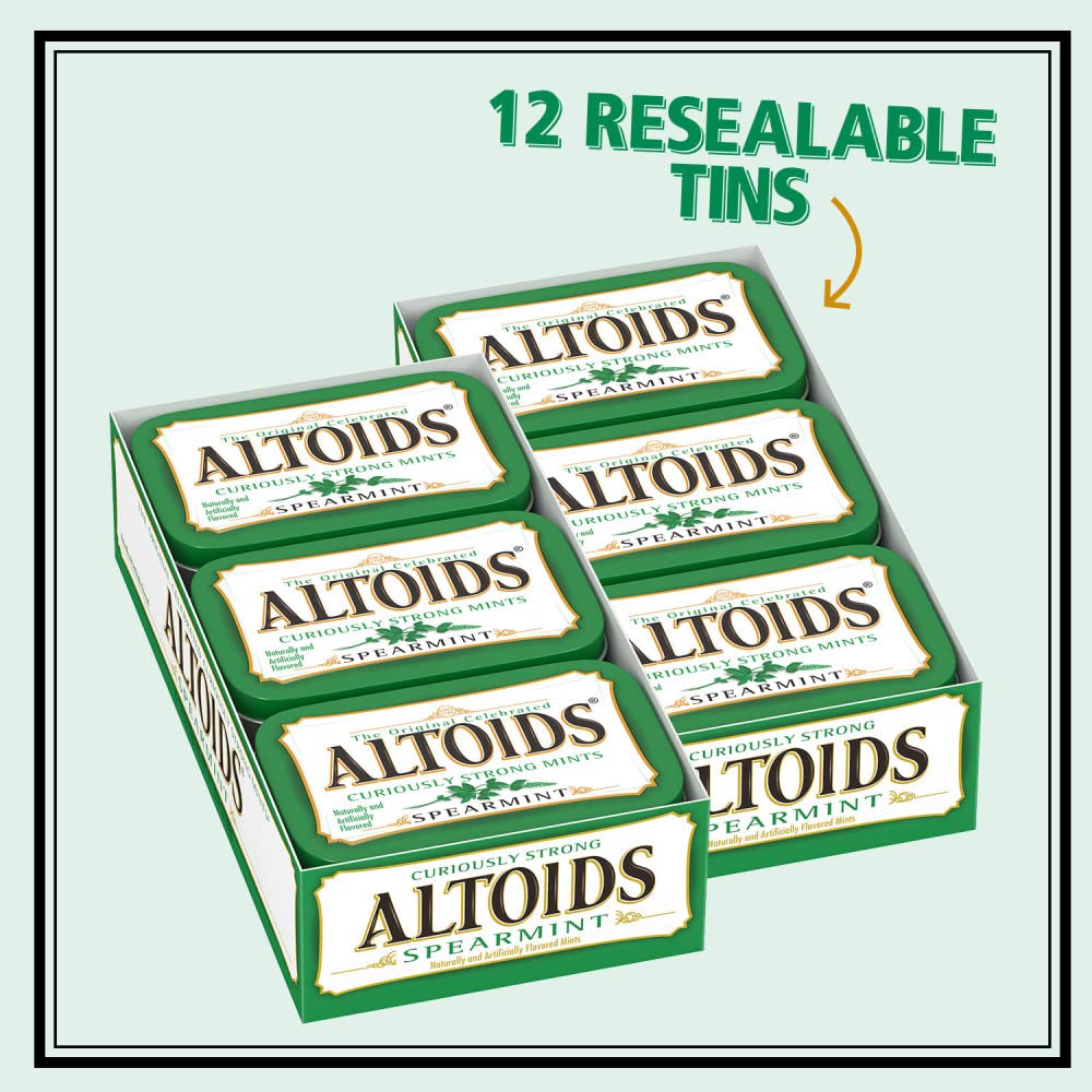 Close-up of a single Altoids mint showing texture and strong flavor