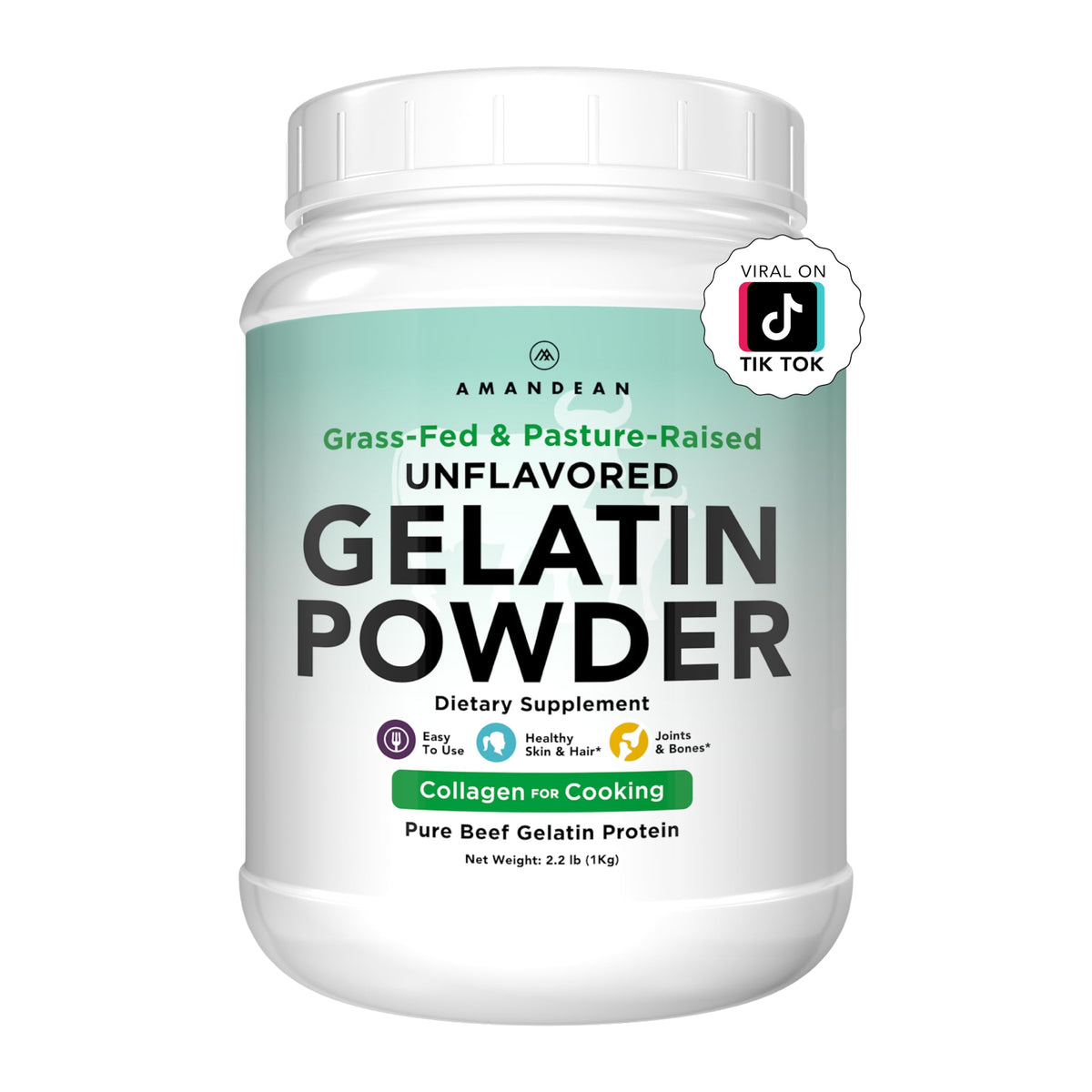 AMANDEAN front packaging of 1kg gelatin showing XL size and benefits