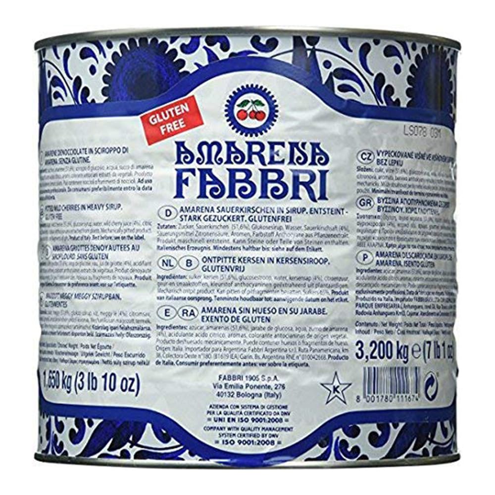 Amarena Fabbri 7 lb tin front view showing packaging and product benefit