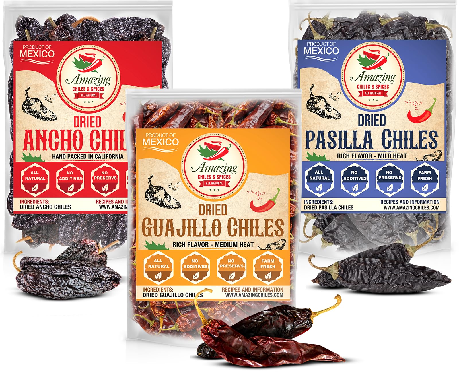 Amazing Chiles & Spices front packaging showing three chile varieties and clear benefits