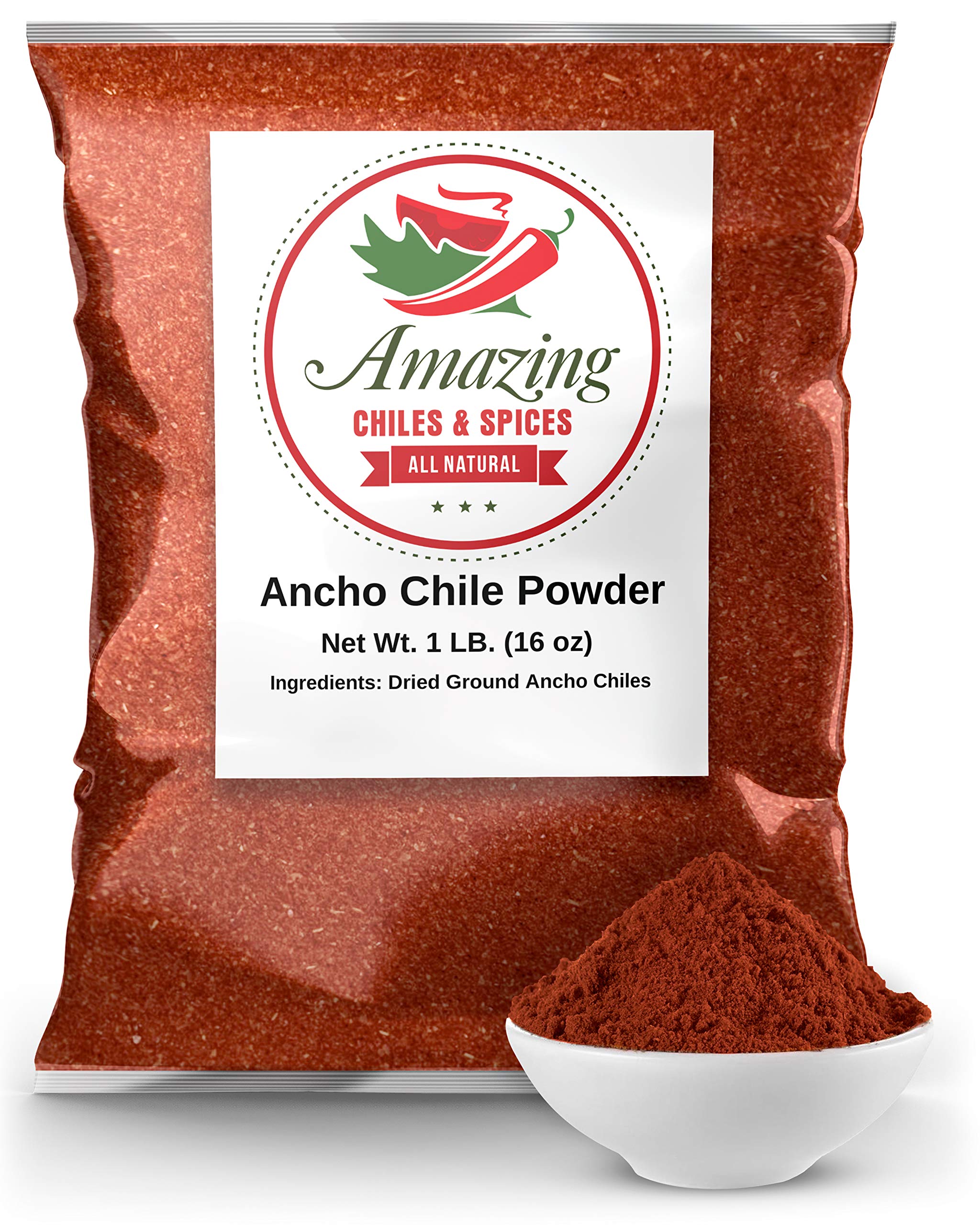 Amazing Chiles & Spices front package showing 1LB ancho powder, easy pantry use