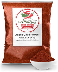 Amazing Chiles & Spices front package showing 1LB ancho powder, easy pantry use