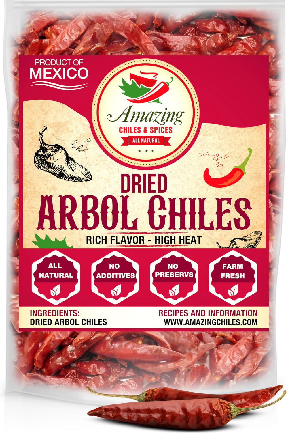 Amazing Chiles & Spices front packaging showing 1LB bag and origin benefit
