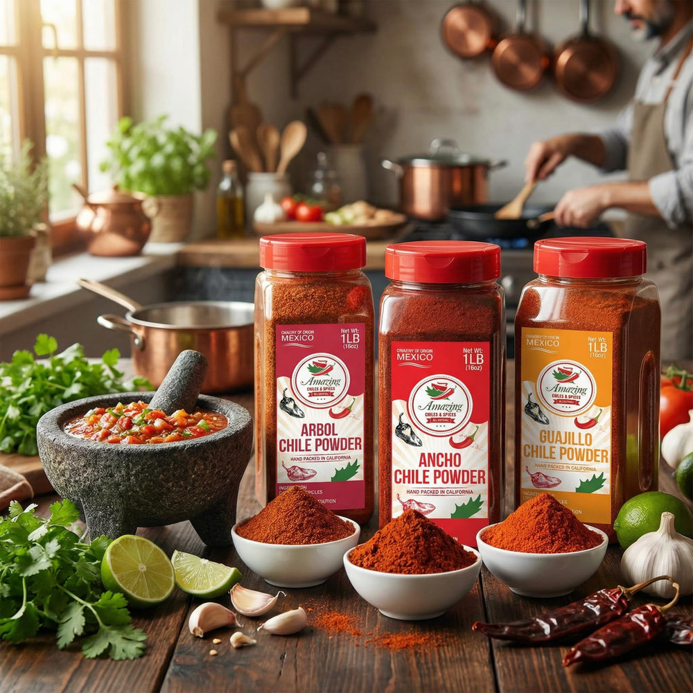 Amazing Chiles & Spices Árbol powder fine grain close-up showing strong heat potential