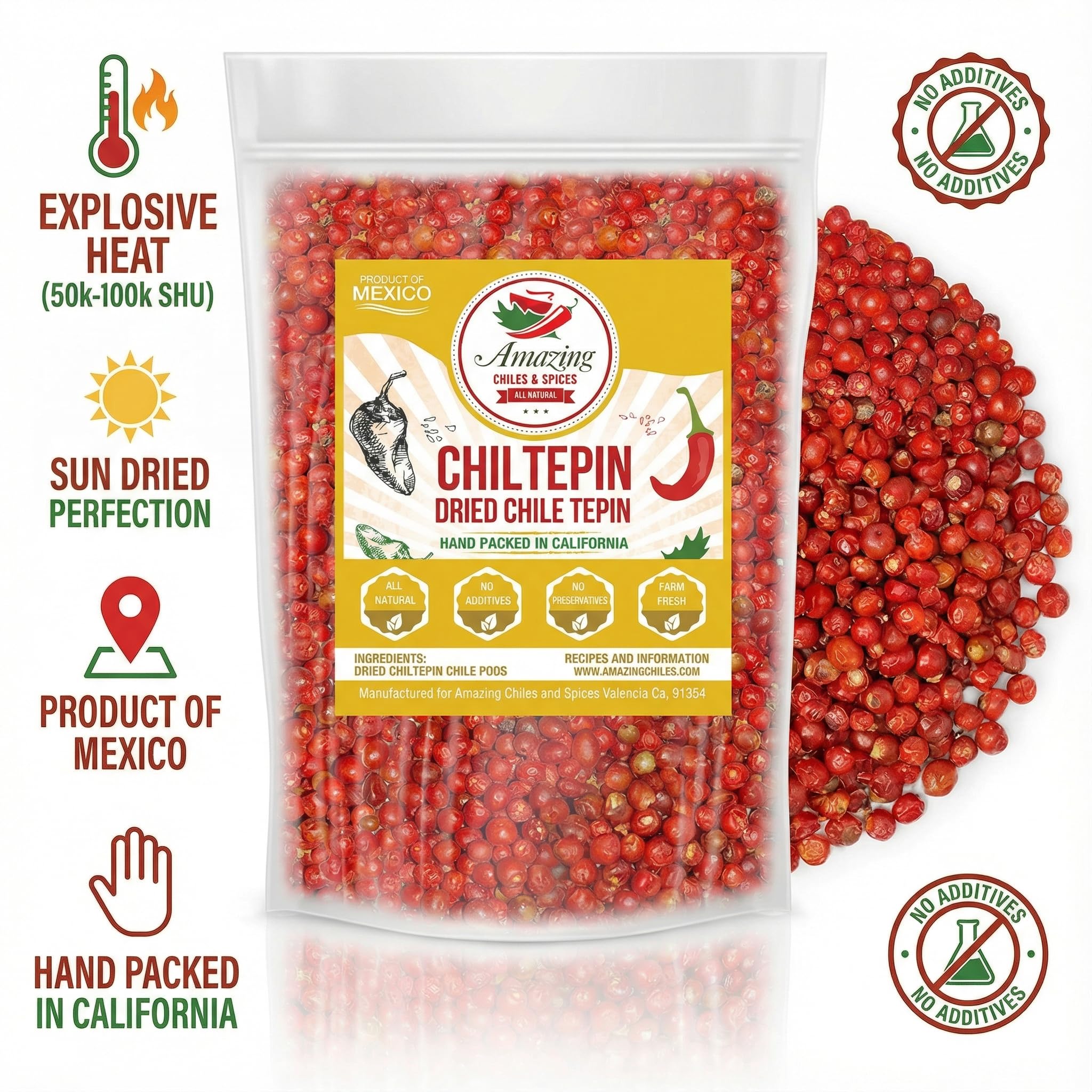 Amazing Chiles chiltepin with hand showing pepper size for portion control