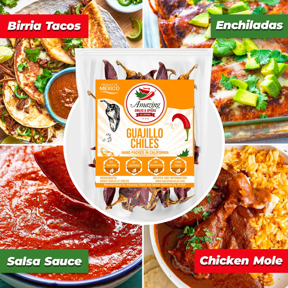 Amazing Chiles & Spices close-up of dried guajillo texture, highlights rich color and aroma