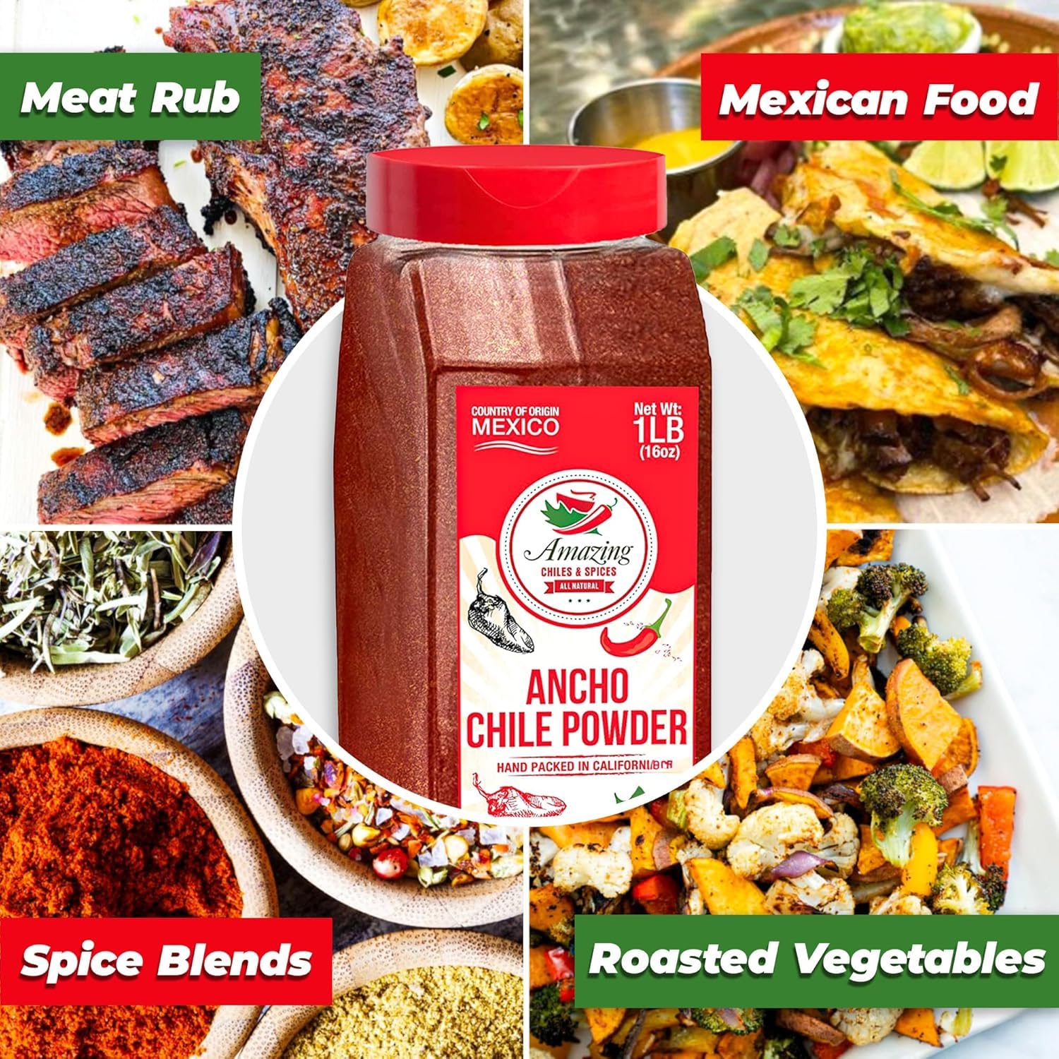 Amazing Chiles & Spices Guajillo jar front view highlighting fruity flavor benefit