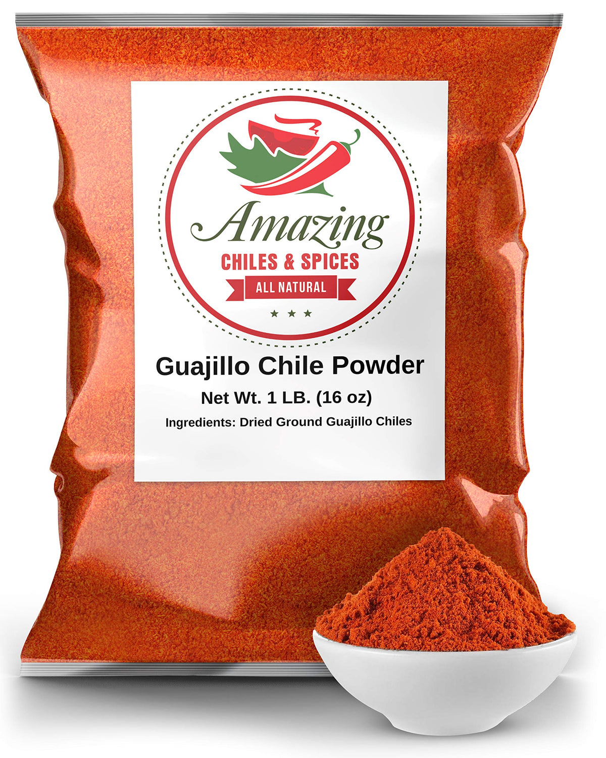 Amazing Chiles & Spices front packaging showing 16oz guajillo powder, clear labeling and benefit