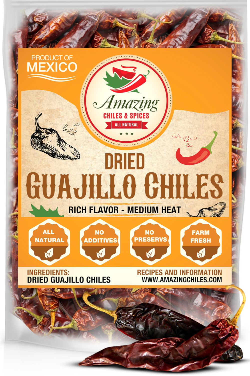 Amazing Chiles & Spices front packaging showing 1 lb bag and clear label, ensures quality