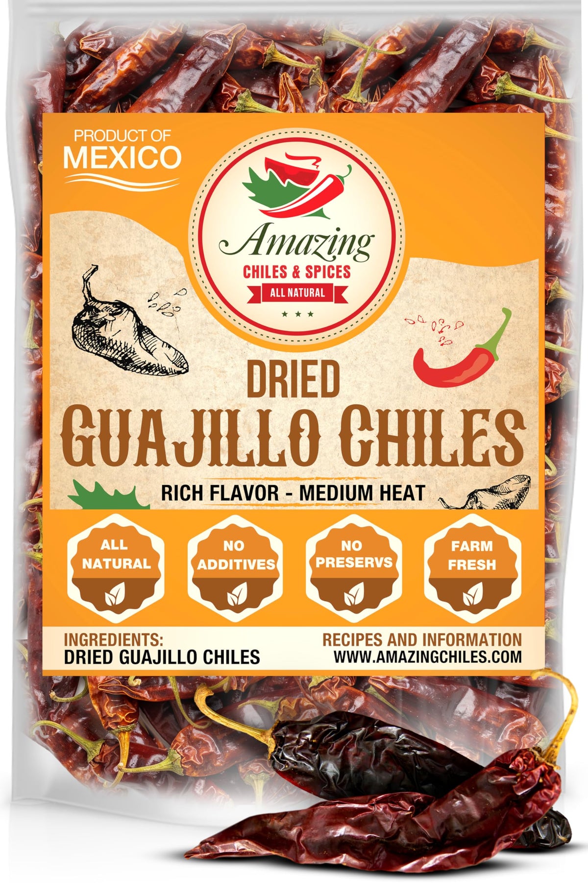 Amazing Chiles & Spices front packaging showing 1 lb bag and clear label, ensures quality