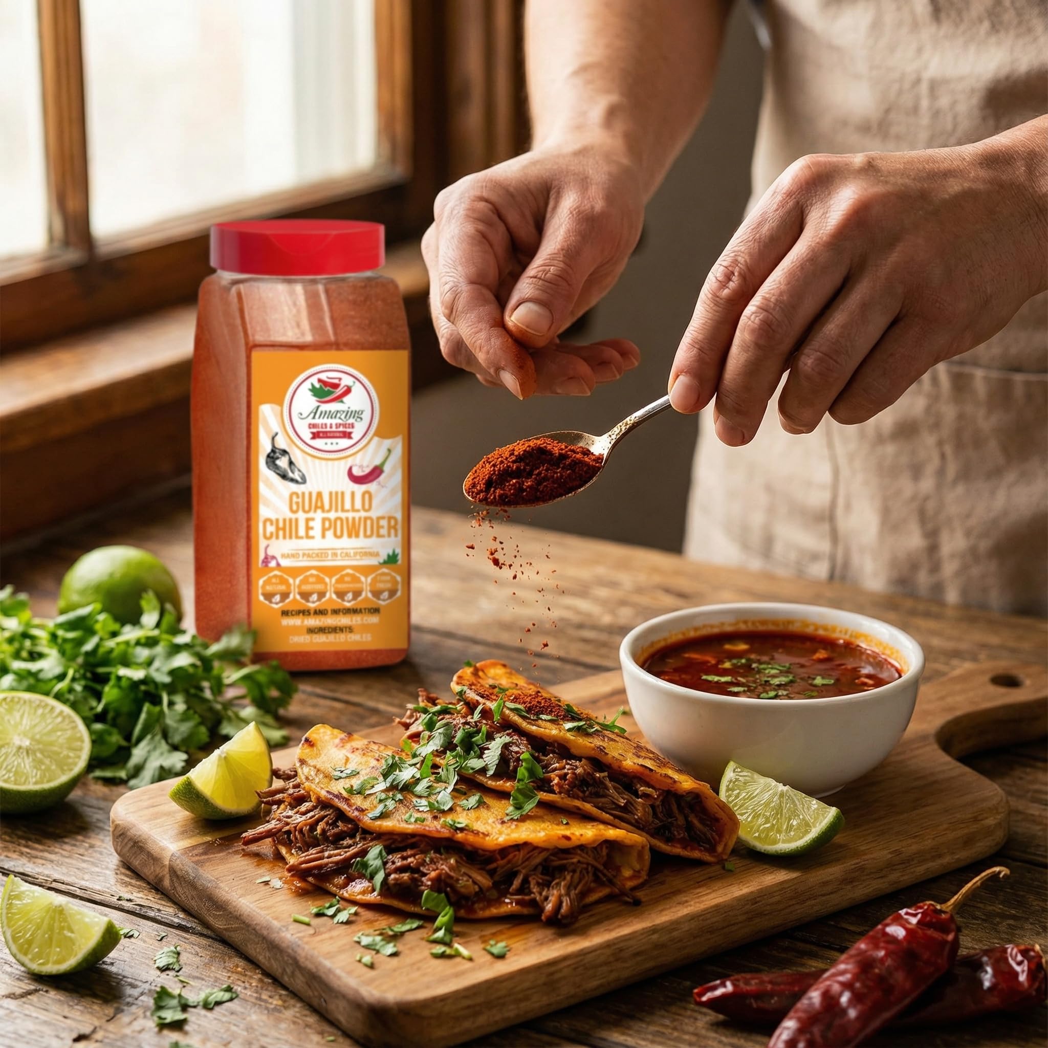 Amazing Chiles & Spices measuring teaspoon of guajillo powder for recipe accuracy