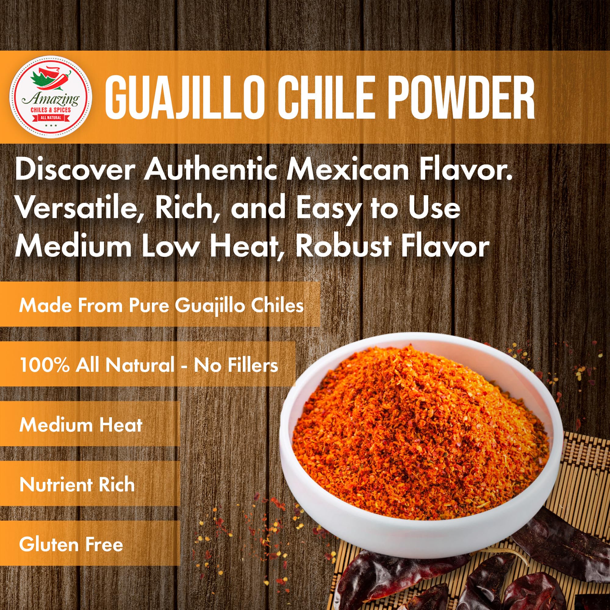 Amazing Chiles & Spices guajillo powder in clay bowl showing rich red color