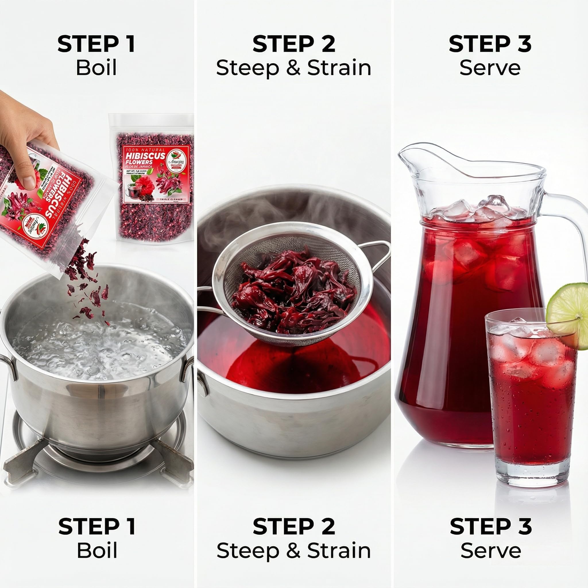 Amazing Chiles & Spices pitcher of iced hibiscus agua fresca showing vibrant ruby color