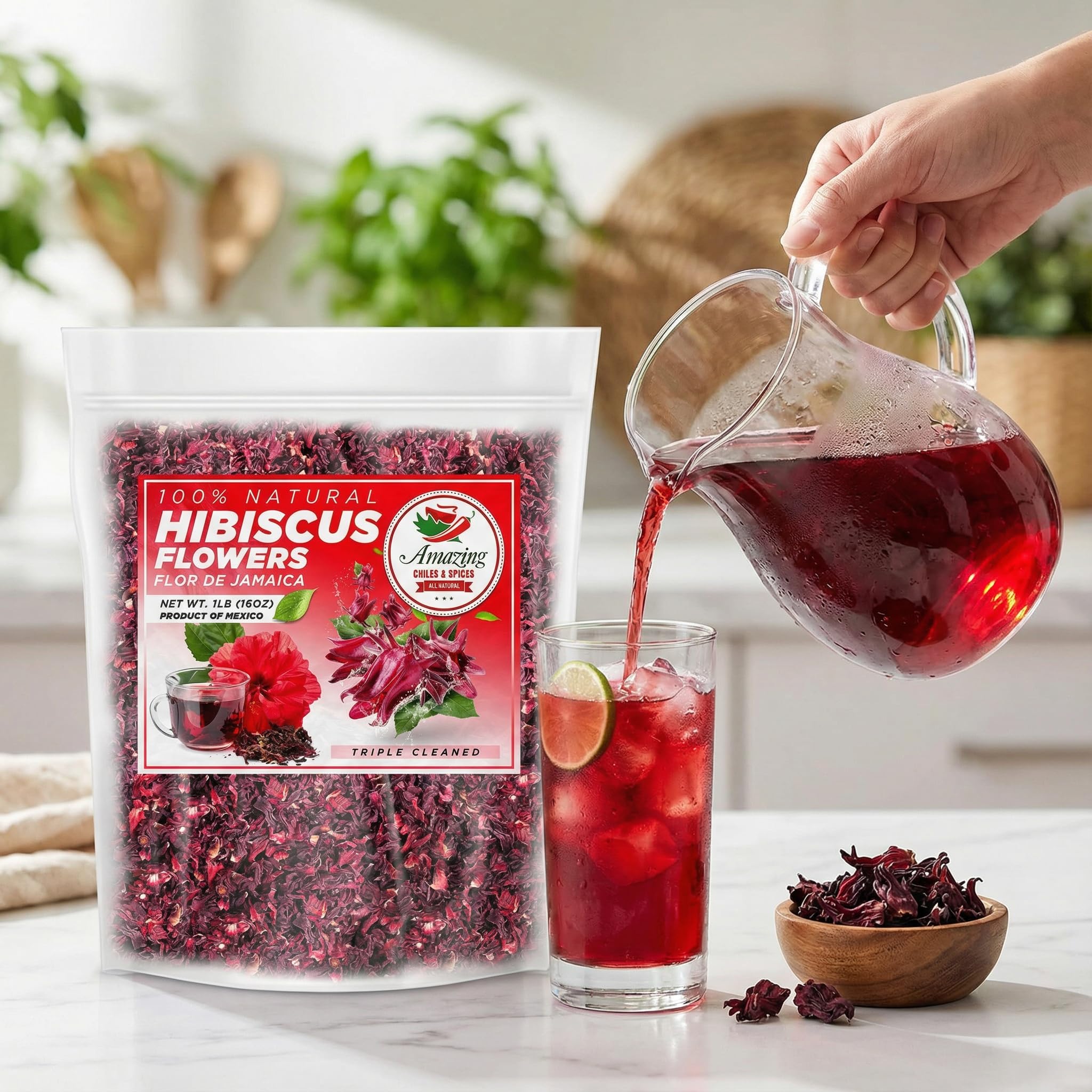 Amazing Chiles & Spices still-life on kitchen counter illustrating pantry-ready hibiscus use