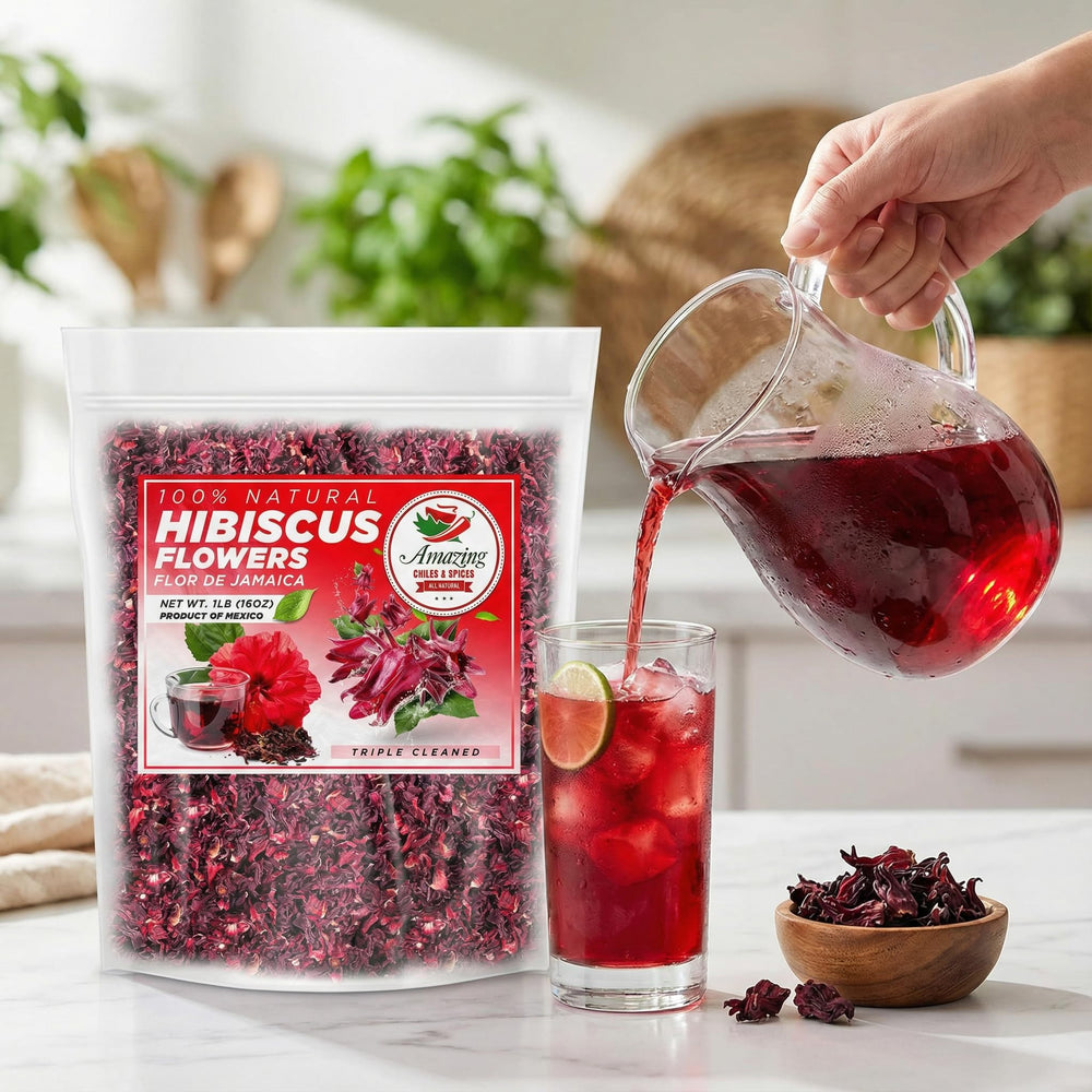 Amazing Chiles & Spices still-life on kitchen counter illustrating pantry-ready hibiscus use