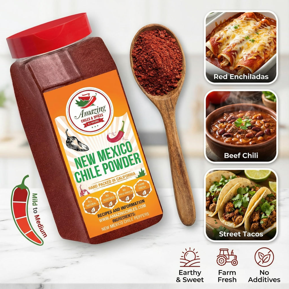Amazing Chiles powder on scale showing precise 1LB measurement and bulk value benefit