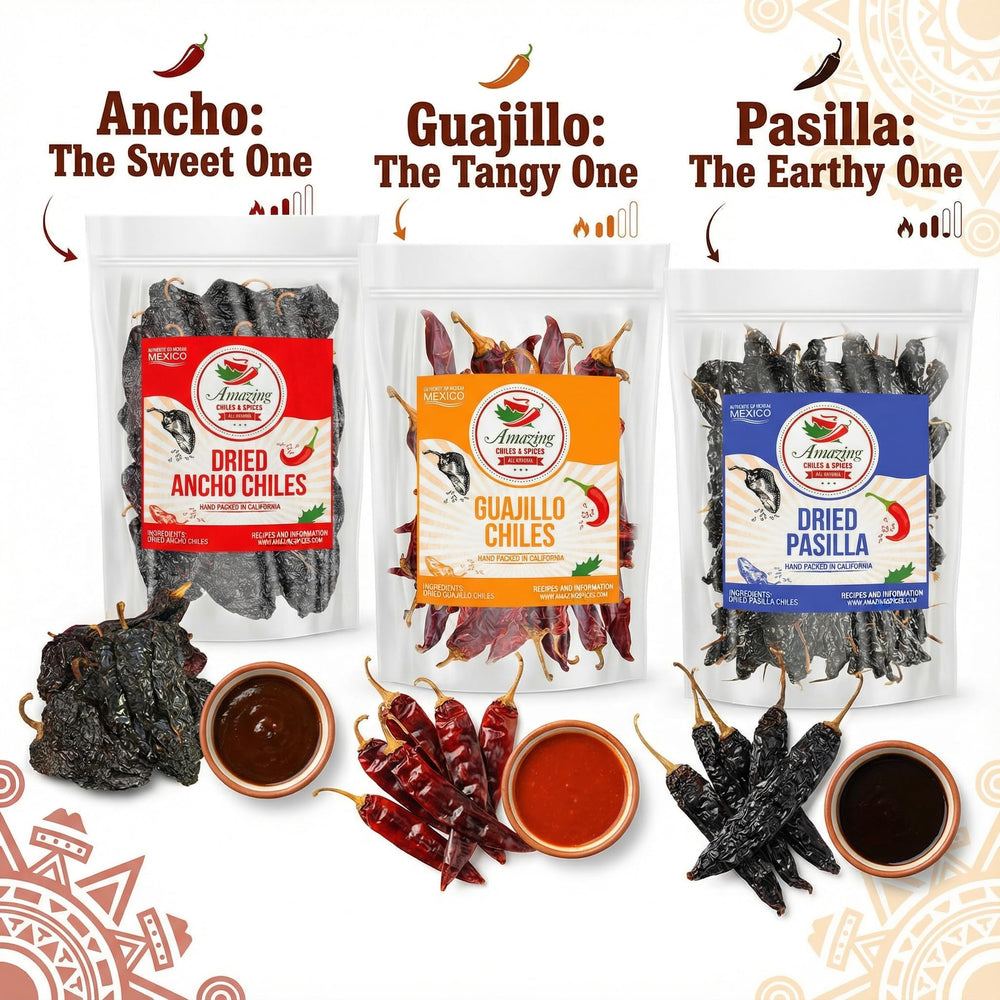 Amazing Chiles & Spices pasilla dark-skin close-up showing earthy, smoky notes