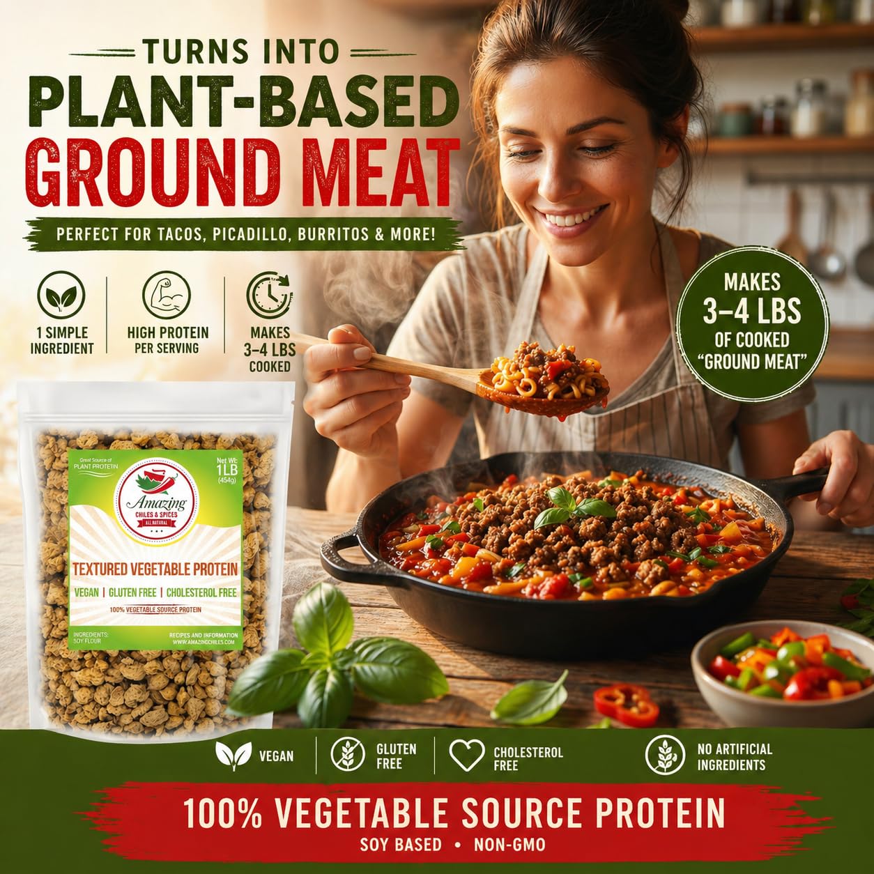 Amazing Chiles & Spices TVP measured portion on kitchen scale for meal prep accuracy