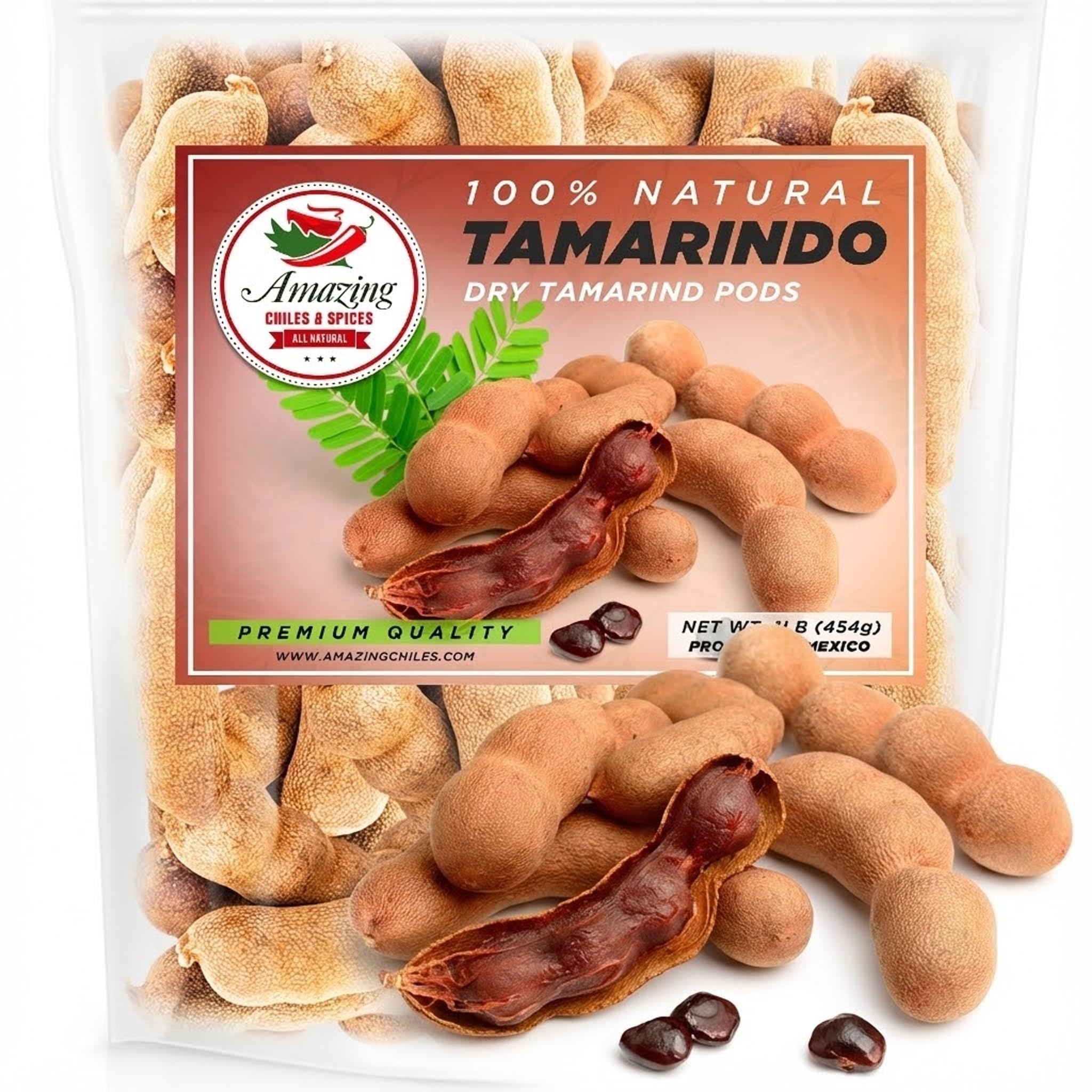Amazing Chiles & Spices front packaging showing 1lb tamarind pods and resealable bag for freshness