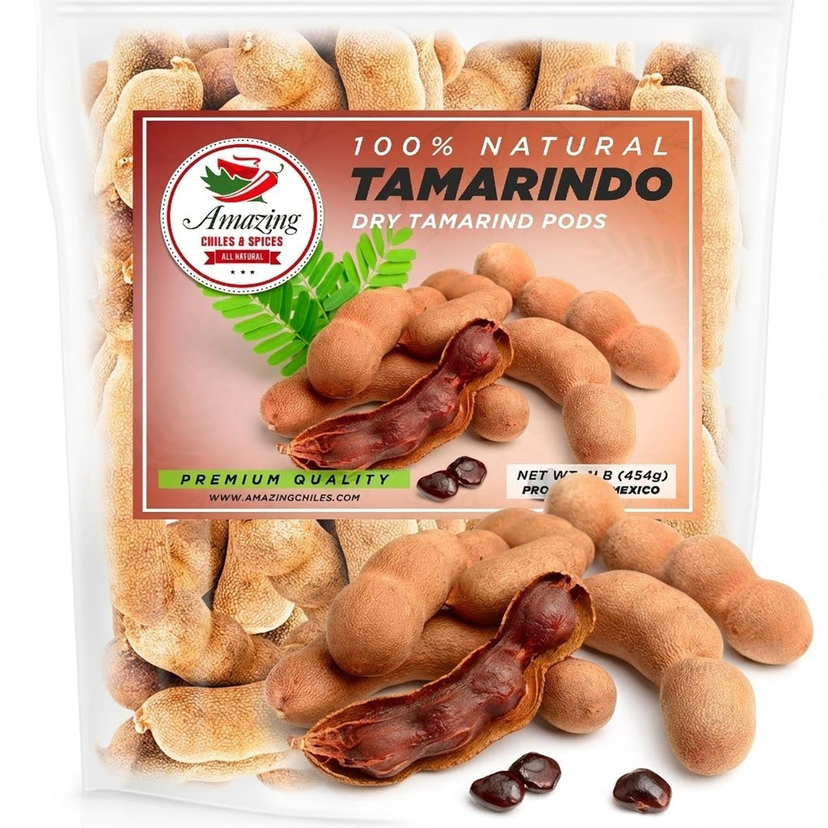 Amazing Chiles & Spices front packaging showing 1lb tamarind pods and resealable bag for freshness