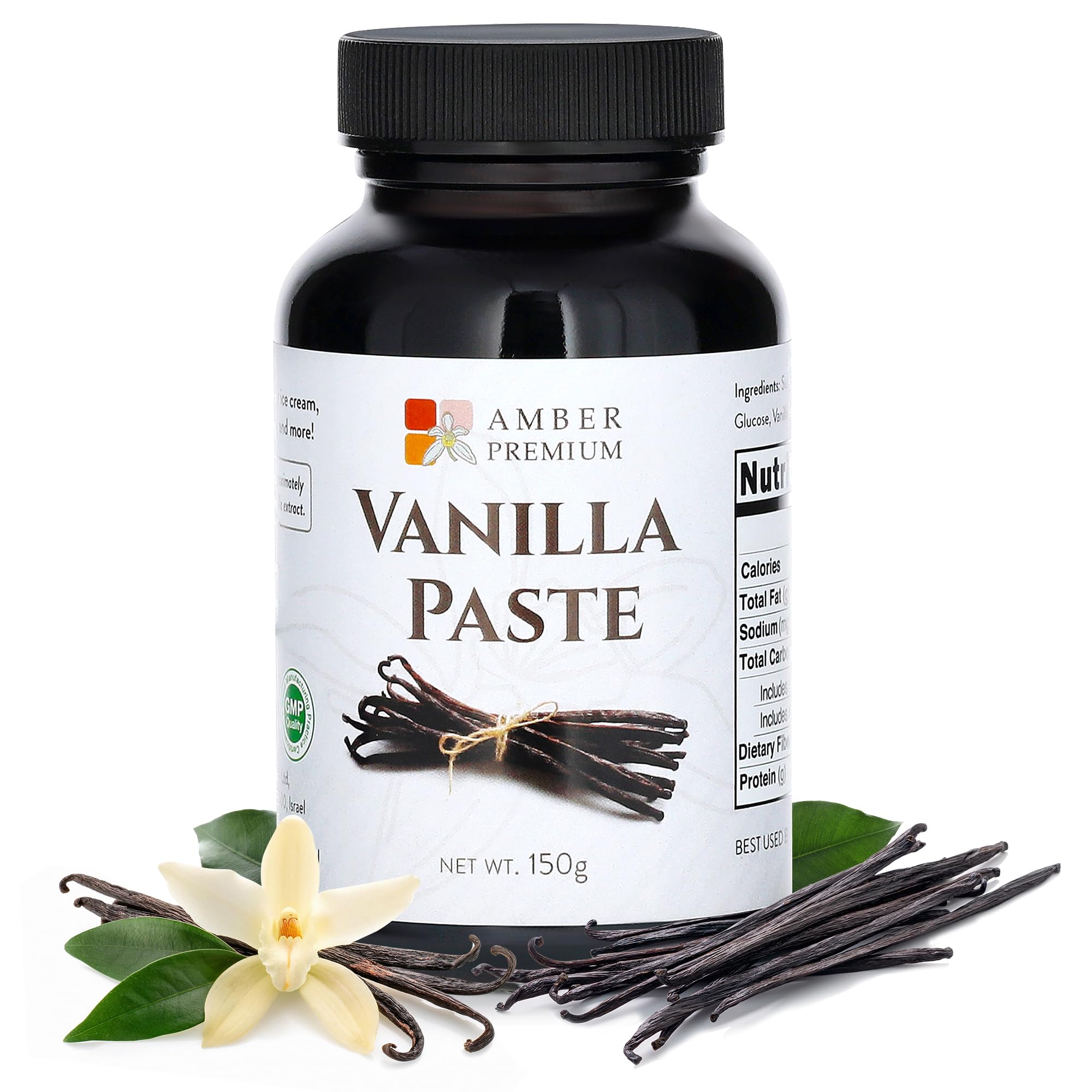Amber Premium jar front view showing label and jar benefit of authentic vanilla
