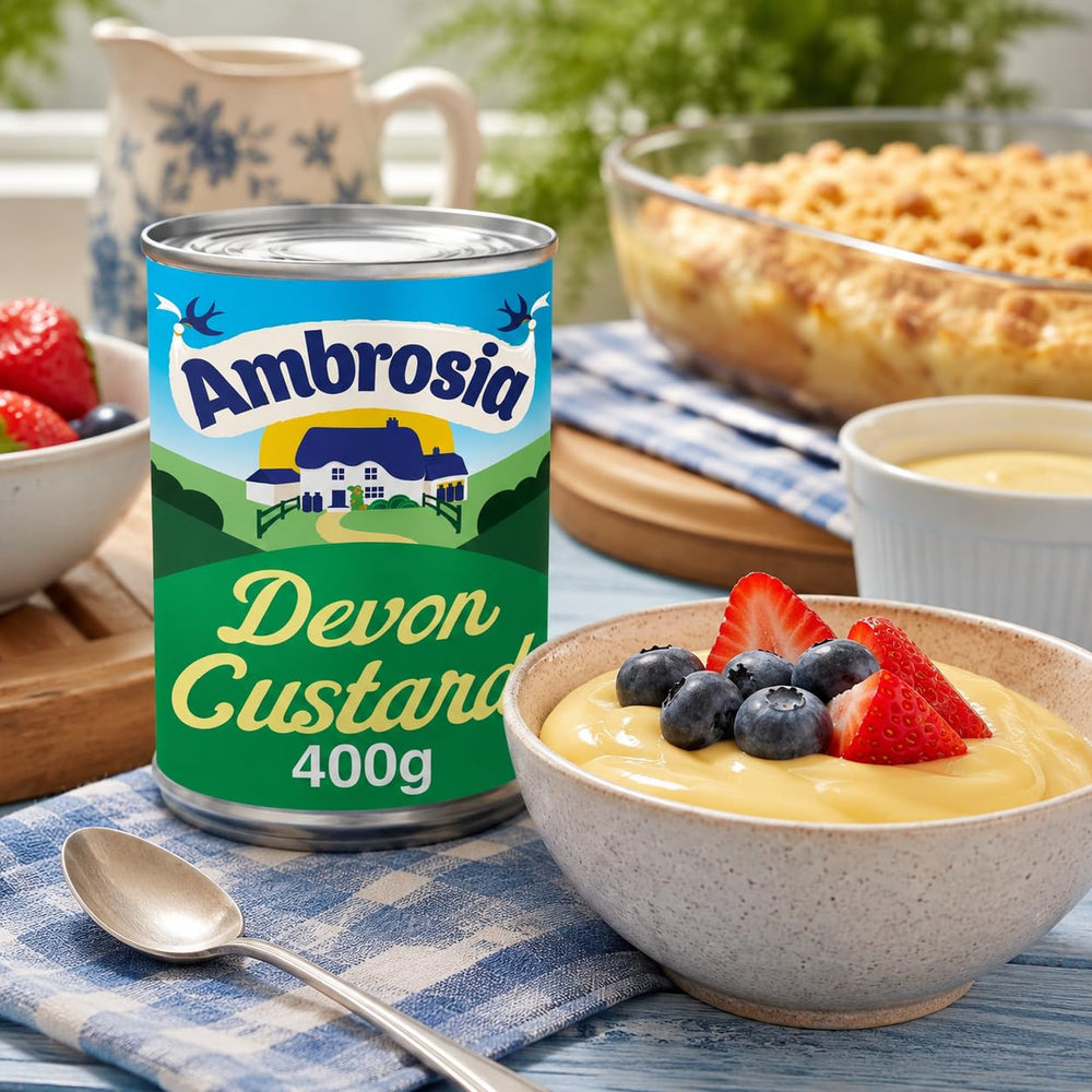 Ambrosia open can top view revealing pourable custard and easy-access packaging