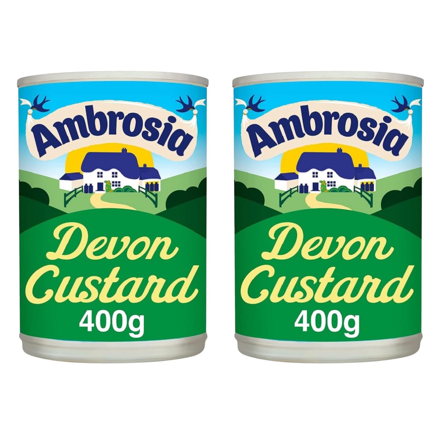 Ambrosia front packaging showing twin 400g cans with clear branding and pantry convenience