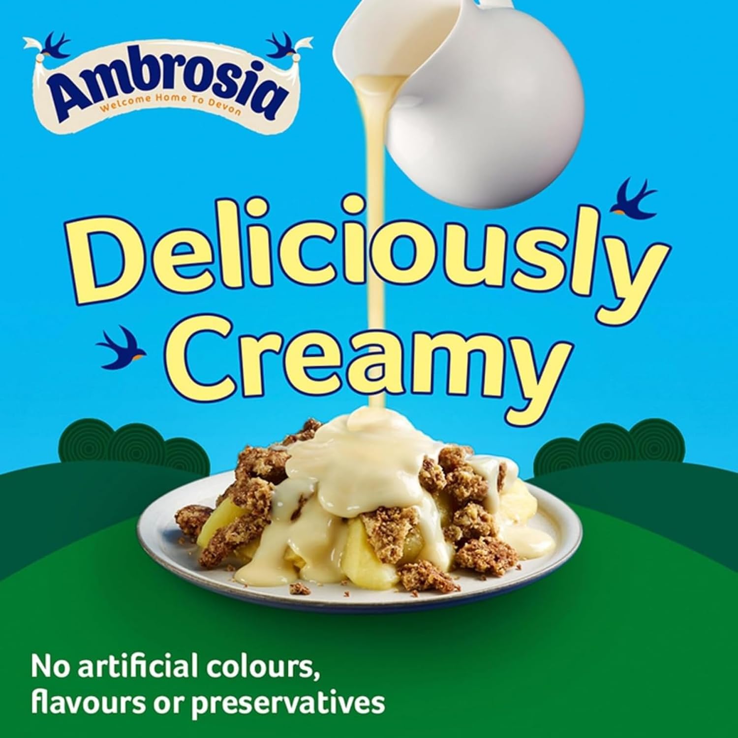 Ambrosia spoon lifting custard from a bowl demonstrating ready-to-serve convenience