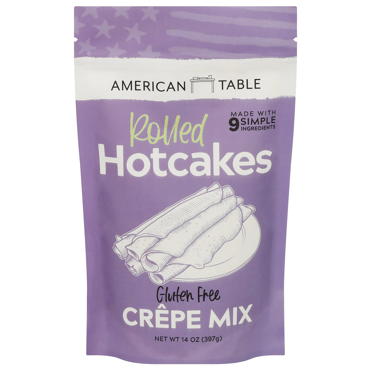 American Table front packaging showing gluten free crepe mix and product benefits