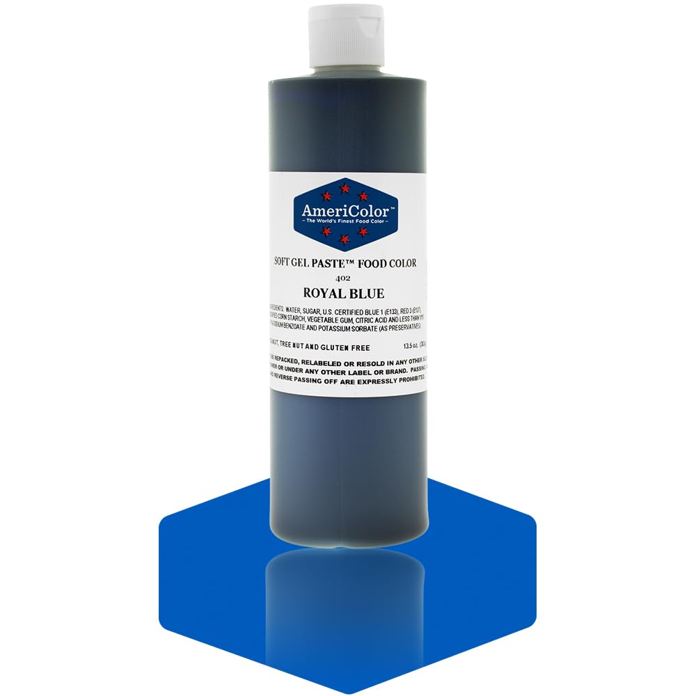 AmeriColor Royal Blue front packaging showing bottle and flip-top, ensures easy dispensing