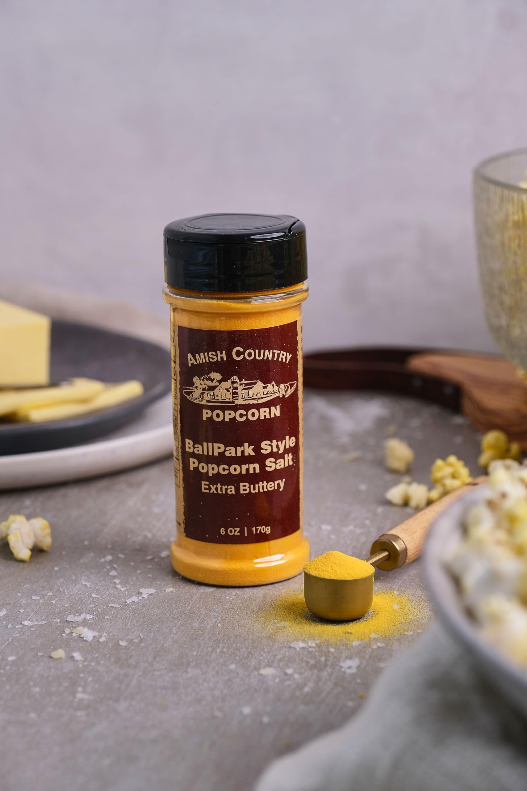 Amish Country Popcorn ballpark buttersalt close-up highlighting savory buttery flavor