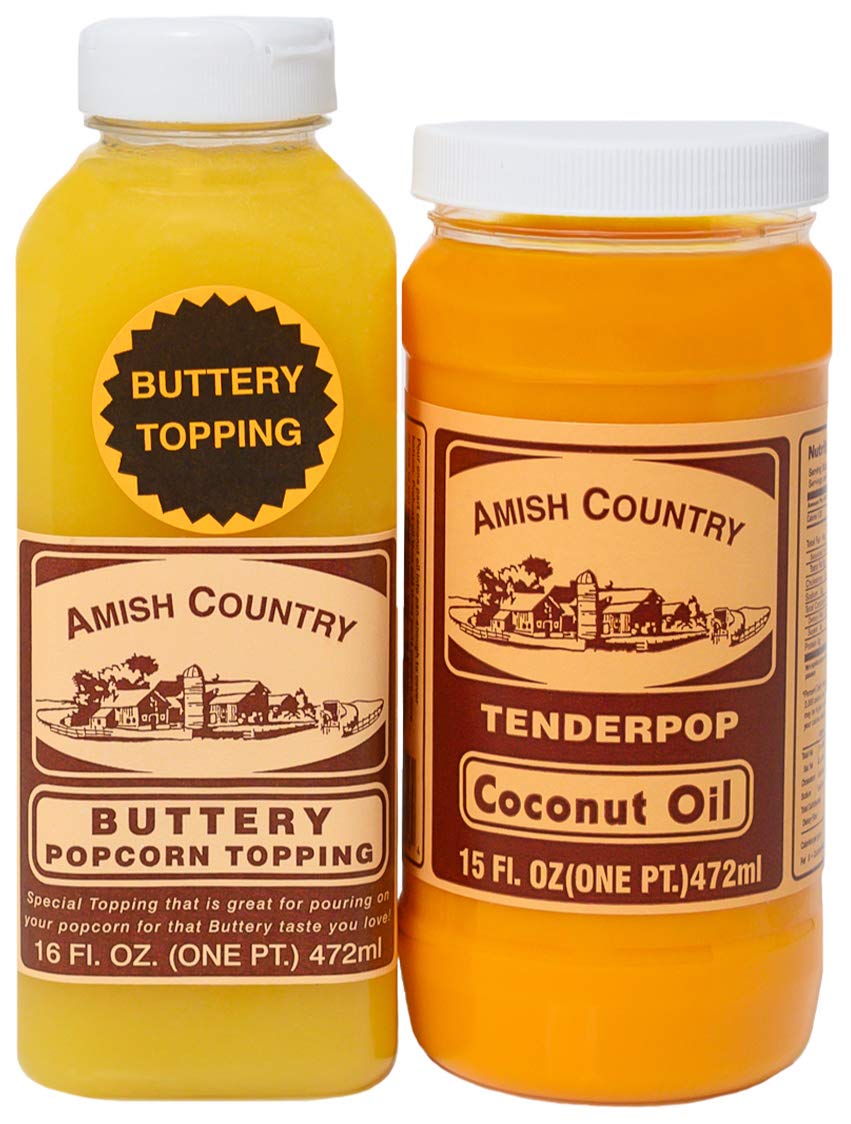 Amish Country Popcorn front packaging showing both oil and buttery topping for convenience