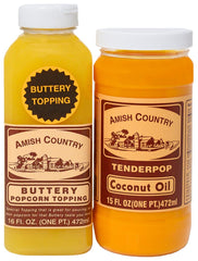 Amish Country Popcorn front packaging showing both oil and buttery topping for convenience