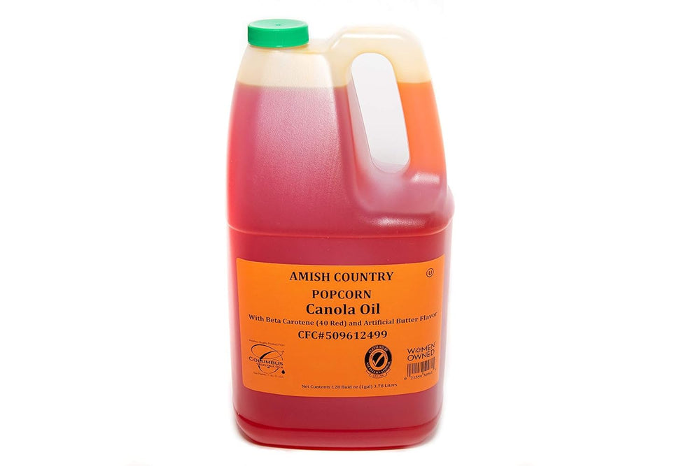Close-up pour of Amish Country Popcorn butter flavored canola oil demonstrating smooth texture