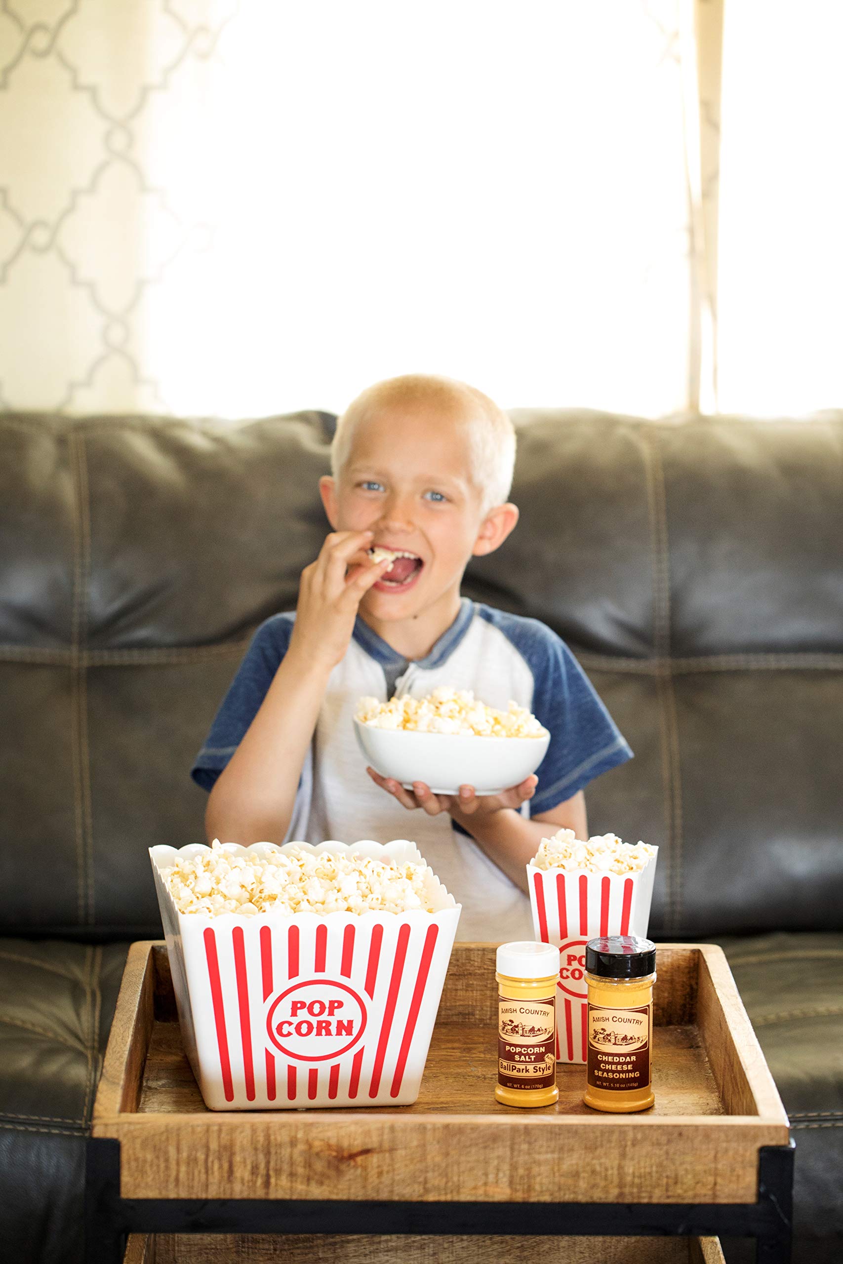 Amish Country Popcorn Cheddar Cheese close-up revealing bright orange powder for bold cheese flavor