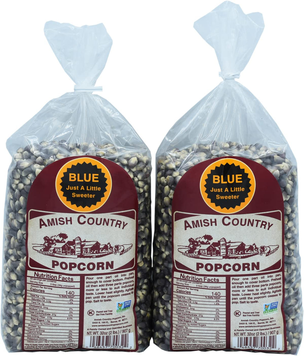 Amish Country Popcorn front packaging showing two 2 lb bags and product benefit of quantity