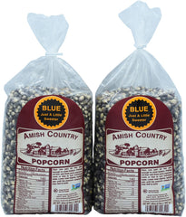 Amish Country Popcorn front packaging showing two 2 lb bags and product benefit of quantity