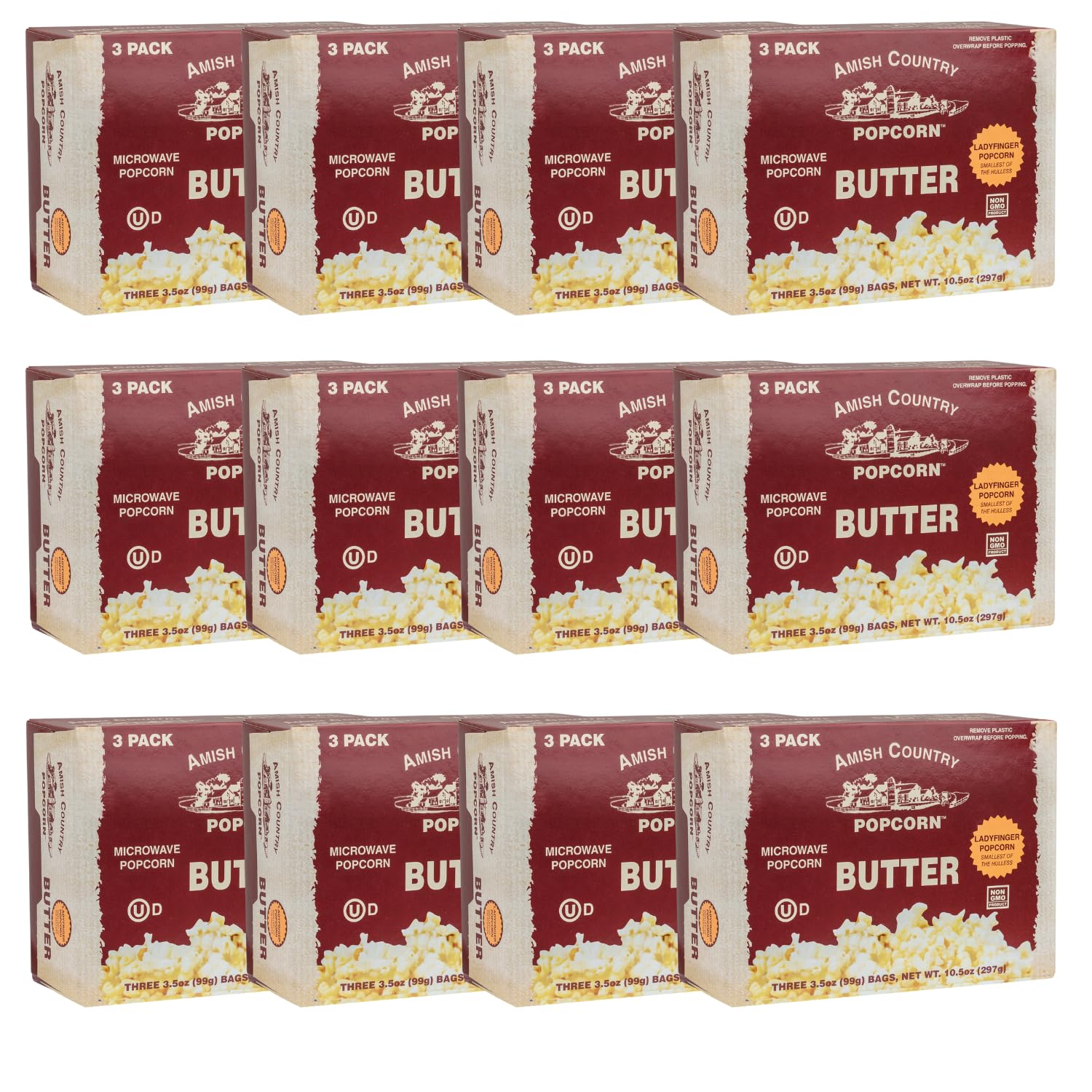 Amish Country Popcorn front packaging showing 36 bags and product name, convenience benefit