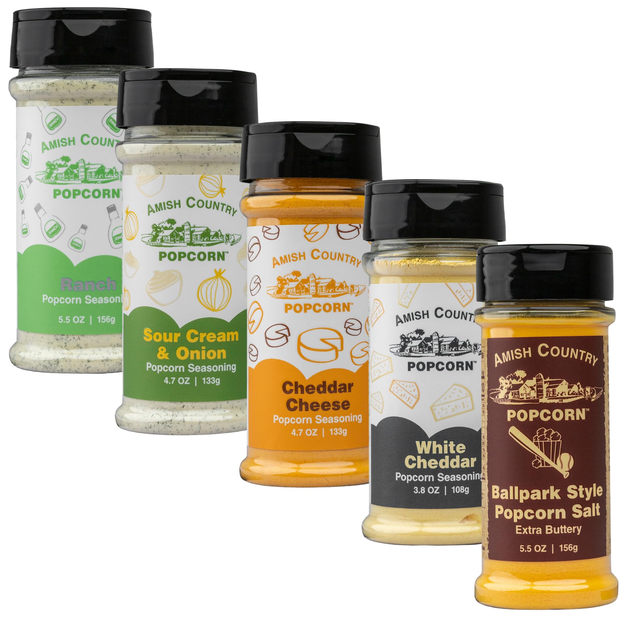 Amish Country Popcorn front packaging showing five seasoning bottles and variety