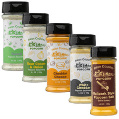 Amish Country Popcorn front packaging showing five seasoning bottles and variety