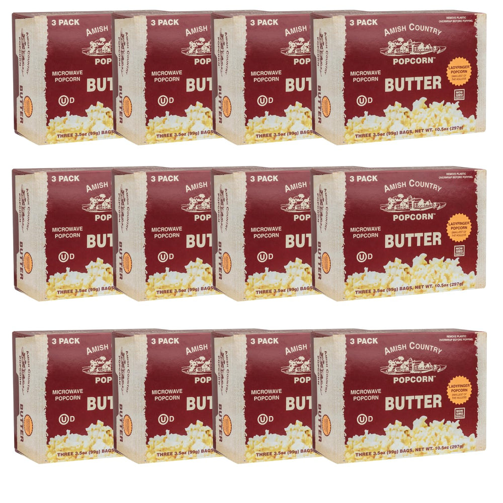 Amish Country Popcorn front packaging showing 36 bags and product name, convenience benefit