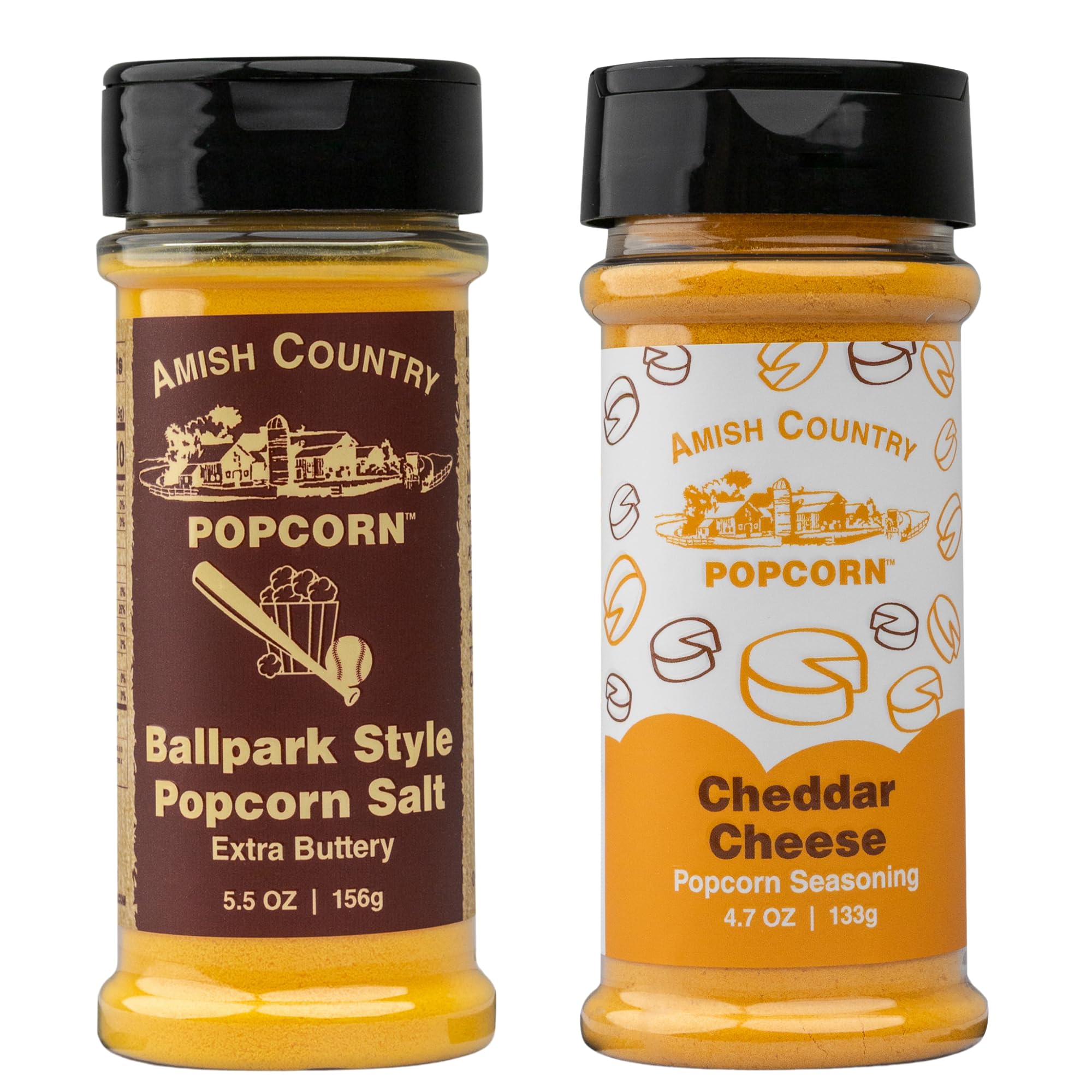 Amish Country Popcorn front packaging showing both seasoning jars and branding benefit convenience