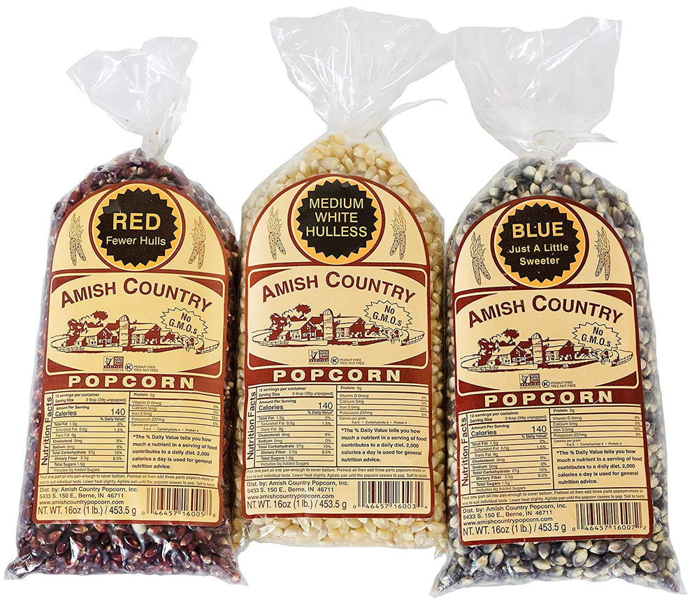 Amish Country Popcorn front packaging showing three one‑pound bags, clear labeling and colorful kernels
